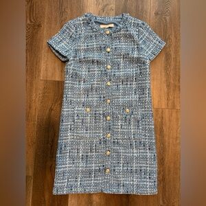 LOFT Blue Tweed Midi Dress with Gold Buttons NWOT